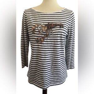 Talbots Black and White Striped Embellished Lobster 3/4 Sleeve Top Size Small